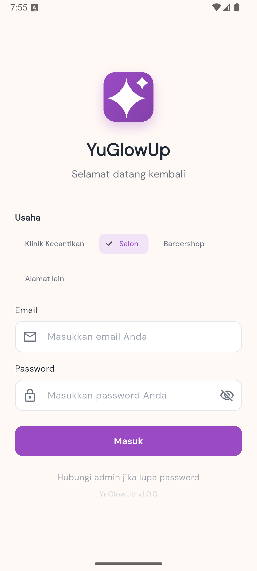 YuGlowUp — masuk & pilih usaha